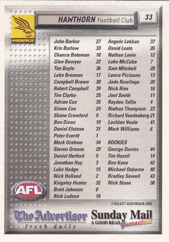 2003 Select The Advertiser-Sunday Mail AFL #33 Hawthorn Hawks Back